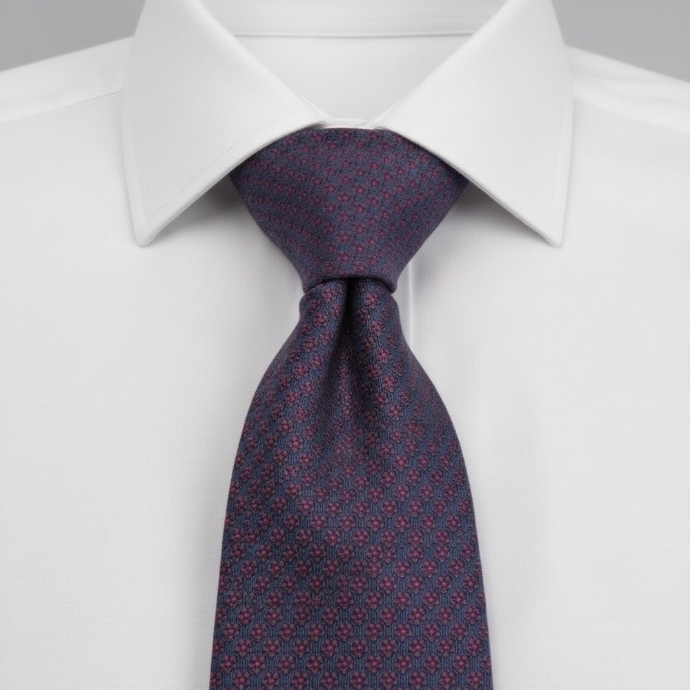 Barneys New York Navy and Burgundy Patterned Silk Tie